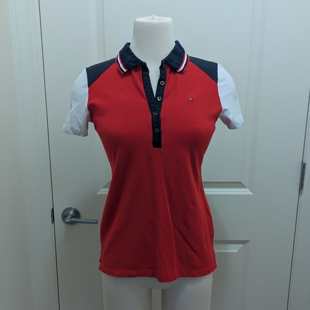 Tommy Hilfiger Women's Red, White, and Navy Polo Size XS
